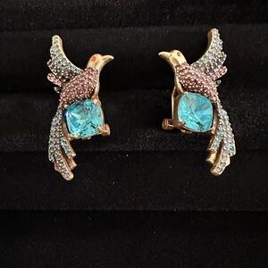 Elegant Vintage Style Bird Design Earrings with Blue and Pink Crystals